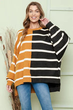 Oversized mustard black striped dropped shoulder round neck blouse