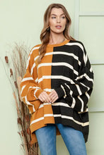 Oversized mustard black striped dropped shoulder round neck blouse