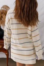 Striped dropped shoulder oversized sweater dress in cozy off-white knit with gold gray stripes