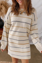 Striped dropped shoulder oversized sweater dress in cream with gray gold stripes