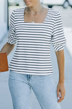 Striped half puff sleeve square neck top with jeans and necklace