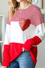 Striped Heart Sequin Long Sleeve T-Shirt Woman T Shirts