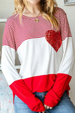 Striped heart sequin long sleeve t-shirt with color block design