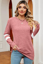 Long-sleeved striped heathered round neck tunic in dusty rose with white sleeve stripes