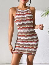 Striped Knit Mini Dress Sleeveless Openwork Stretch Viscose Sweater Dress