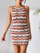 Striped Knit Mini Dress Sleeveless Openwork Stretch Viscose Sweater Dress