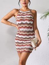 Striped Knit Mini Dress Sleeveless Openwork Stretch Viscose Sweater Dress Rust