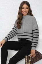 Striped Mock Neck Long Sleeve Knit Sweater with Zipper Sweater Pullovers