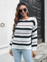 Striped Knit Sweater Pullover with Long Sleeve Length Acrylic Material White Sweater Pullovers