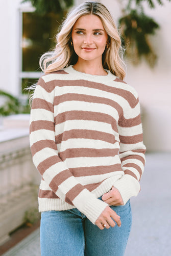 Striped Knit Sweater Pullover with Long Sleeve Length and Jeans Set Khaki