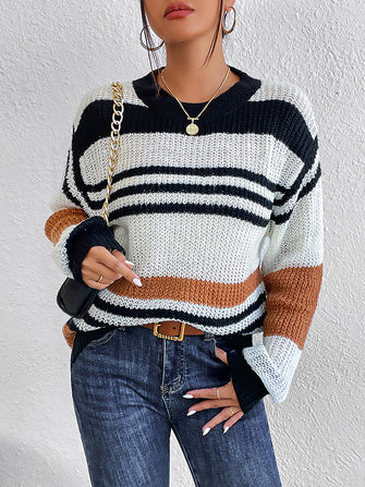 Striped Knit Sweater with Long Sleeve Length Acrylic Pullover Caramel