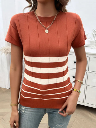 Striped Knit Top for Women in 100 Percent Viscose Orange-Red