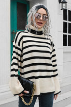 Striped Knit Turtleneck Sweater Long Sleeve Pullover Acrylic Beige