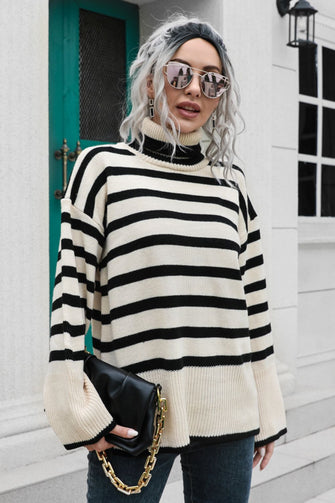 Striped Knit Turtleneck Sweater Long Sleeve Pullover Acrylic Beige