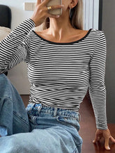 Striped Long Sleeve Backless Crop Top for Women Black Woman T Shirts