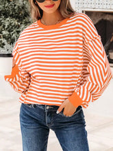 Orange and white striped long sleeve casual sweatshirt with ruffled elbow patches for a comfortable everyday look