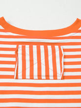 Striped long sleeve casual sweatshirt in orange and white cotton with horizontal stripes and a matching pocket with diagonal stitching