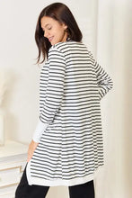 Striped long-sleeve longline cardigan with pockets and white trim