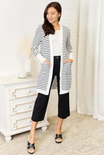 Black and white striped long sleeve longline cardigan with pockets