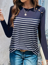 Striped Long Sleeve Shirt with Decorative Button for Women Indigo