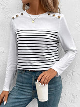 Striped Long Sleeve Shirt with Decorative Button Shoulder Detail
