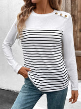 Striped Long Sleeve Shirt with Decorative Button Shoulder Detail