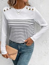 Striped Long Sleeve Shirt with Decorative Button Shoulder Detail