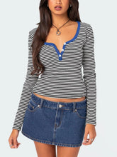 Striped Long Sleeve Top with Blue Trim and Denim Miniskirt Set Royal Blue