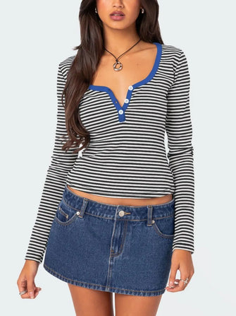 Striped Long Sleeve Top with Blue Trim and Denim Miniskirt Set Royal Blue