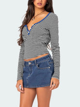 Striped Long Sleeve Top with Blue Trim and Denim Miniskirt Set