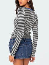 Striped Long Sleeve Top with Blue Trim and Denim Miniskirt Set