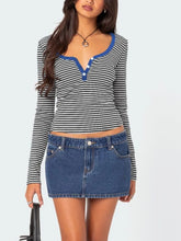 Striped Long Sleeve Top with Blue Trim and Denim Miniskirt Set