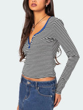 Striped Long Sleeve Top with Blue Trim and Denim Miniskirt Set