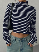 Striped Long Sleeve Turtleneck Crop Top for Women Black