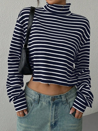 Striped Long Sleeve Turtleneck Crop Top for Women Black