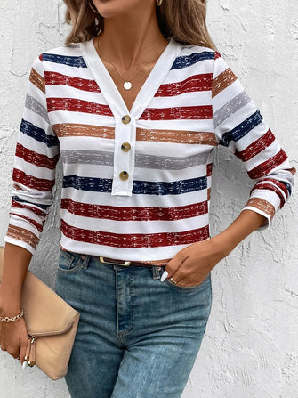 Striped Long Sleeve V Neck Button Up Shirt for Women Stripe