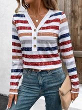 Striped Long Sleeve V Neck Button Up Shirt for Women