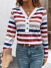 Striped Long Sleeve V Neck Button Up Shirt for Women