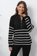 Striped Mock Neck Long Sleeve Knit Sweater with Zipper Black One Size Sweater Pullovers