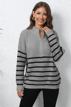 Striped Mock Neck Long Sleeve Knit Sweater with Zipper Dark Gray One Size Sweater Pullovers