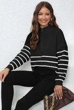Striped Mock Neck Long Sleeve Knit Sweater with Zipper