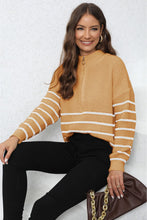 Striped Mock Neck Long Sleeve Knit Sweater with Zipper