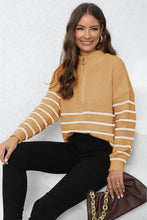 Striped Mock Neck Long Sleeve Knit Sweater with Zipper Sweater Pullovers