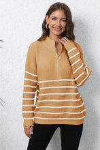 Striped Mock Neck Long Sleeve Knit Sweater with Zipper Tangerine One Size