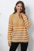Striped Mock Neck Long Sleeve Knit Sweater with Zipper Tangerine One Size Sweater Pullovers