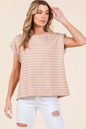 Striped Muscle Sleeve Top in Beige Pink and White for Women TAUPE