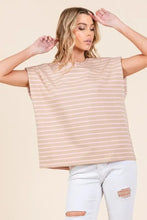Striped Muscle Sleeve Top in Beige Pink and White for Women Woman T Shirts