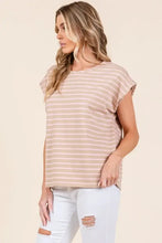 Striped Muscle Sleeve Top in Beige Pink and White for Women Woman T Shirts