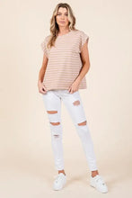 Striped Muscle Sleeve Top in Beige Pink and White for Women Woman T Shirts