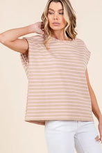 Striped Muscle Sleeve Top in Beige Pink and White for Women Woman T Shirts